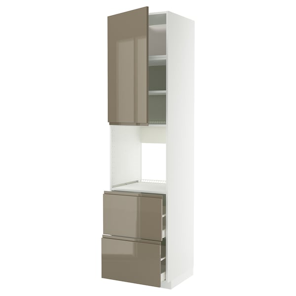 METOD / MAXIMERA - High cabinet f oven+door/2 drawers, white/Voxtorp high-gloss dark grey-brown, 60x60x240 cm
