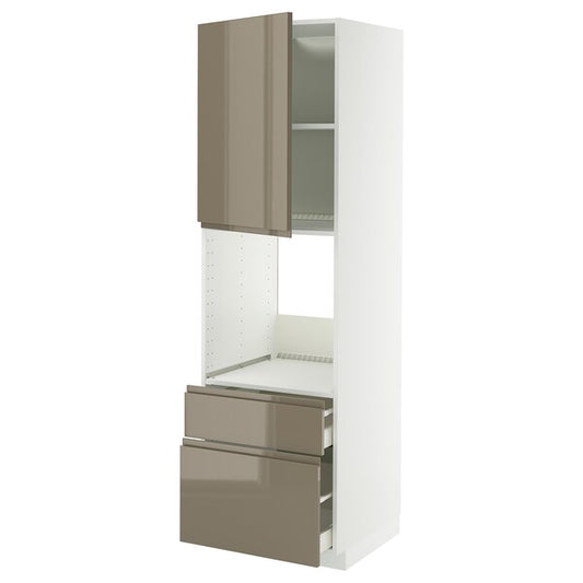 METOD / MAXIMERA - High cabinet f oven+door/2 drawers, white/Voxtorp high-gloss dark grey-brown, 60x60x200 cm