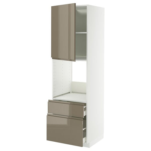 METOD / MAXIMERA high cabinet f oven+door/2 drawers, white/Voxtorp high-gloss dark grey-brown, 60x60x200 cm