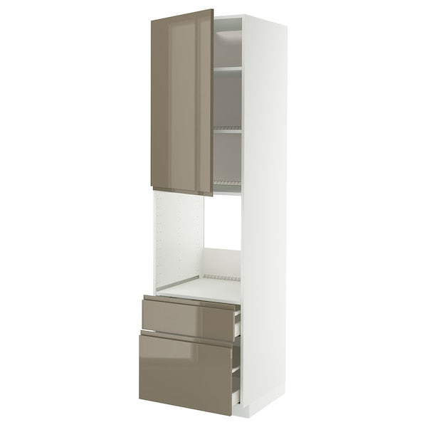 METOD / MAXIMERA high cabinet f oven+door/2 drawers, white/Voxtorp high-gloss dark grey-brown, 60x60x220 cm