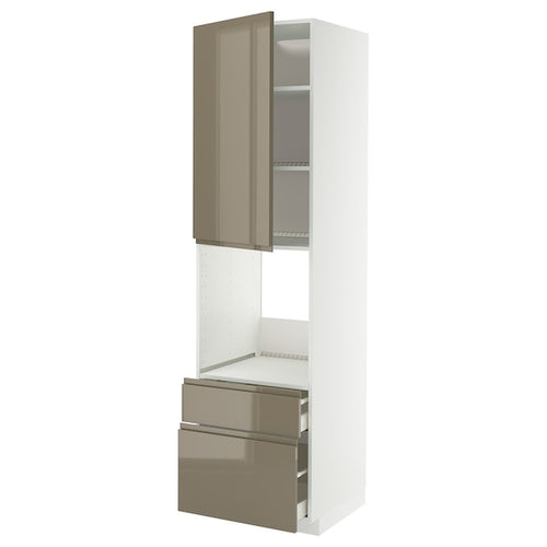 METOD / MAXIMERA high cabinet f oven+door/2 drawers, white/Voxtorp high-gloss dark grey-brown, 60x60x220 cm