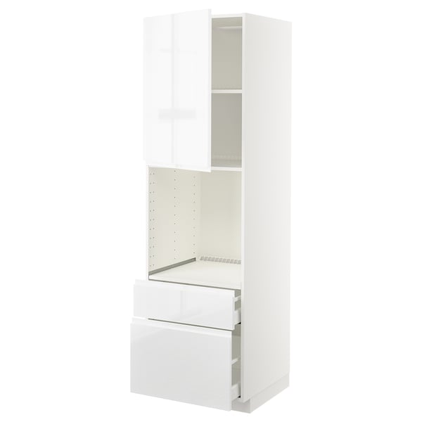 METOD / MAXIMERA high cabinet f oven+door/2 drawers, white/Voxtorp high-gloss/white, 60x60x200 cm