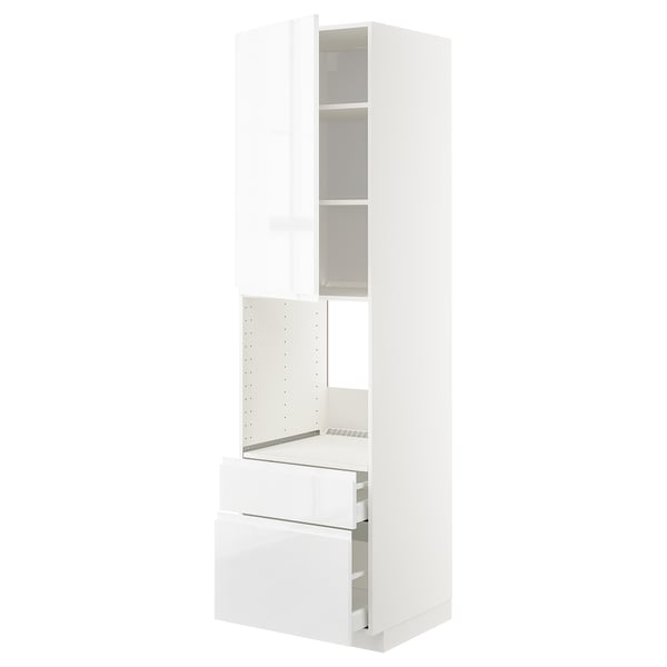 METOD / MAXIMERA high cabinet f oven+door/2 drawers, white/Voxtorp high-gloss/white, 60x60x220 cm