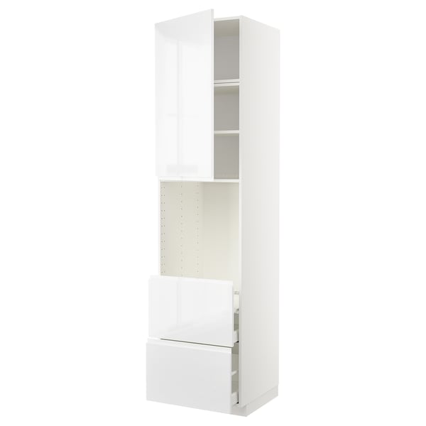 METOD / MAXIMERA high cabinet f oven+door/2 drawers, white/Voxtorp high-gloss/white, 60x60x240 cm