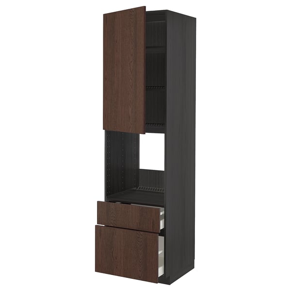 METOD / MAXIMERA high cabinet f oven+door/2 drawers, black/Sinarp brown, 60x60x220 cm