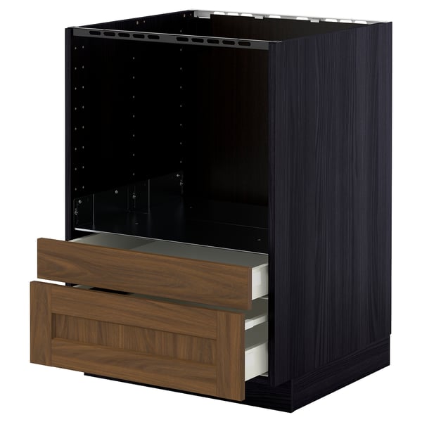 METOD / MAXIMERA base cabinet f combi micro/drawers, black Enköping/brown walnut effect, 60x60 cm