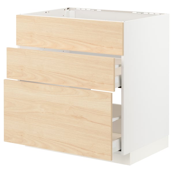 METOD / MAXIMERA base cab f hob/int extractor w drw, white/Askersund light ash effect, 80x60 cm