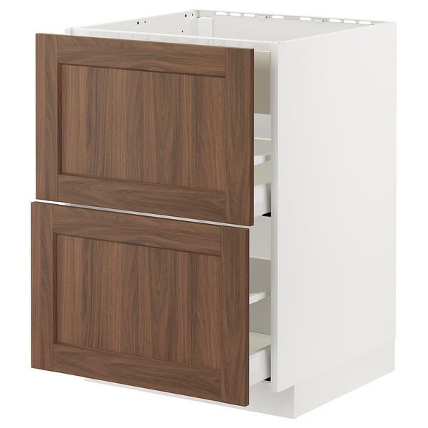 METOD / MAXIMERA - METOD / MAXIMERA Base cab f hob/int extractor w drw, white Enköping/brown walnut effect, 60x60 cm