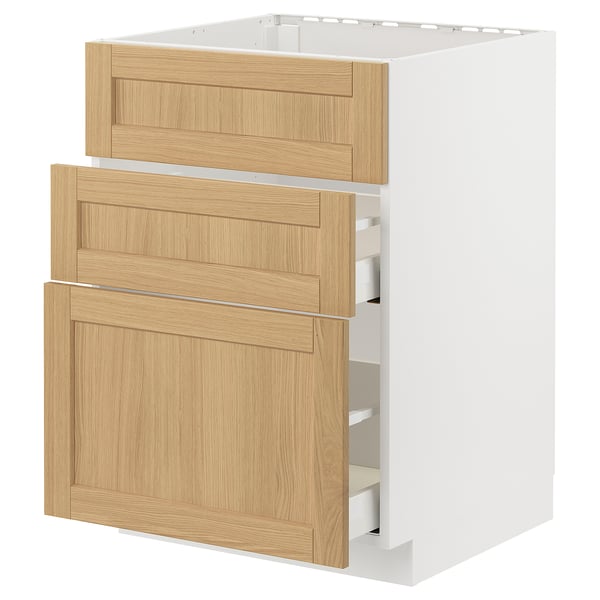 METOD / MAXIMERA base cab f hob/int extractor w drw, white/Forsbacka oak, 60x60 cm