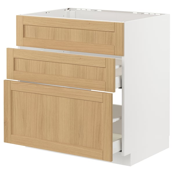 METOD / MAXIMERA base cab f hob/int extractor w drw, white/Forsbacka oak, 80x60 cm