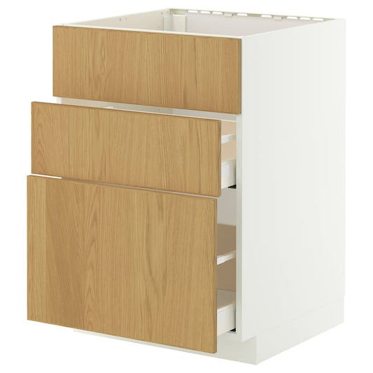 METOD / MAXIMERA base cab f hob/int extractor w drw, white/Sinarp oak veneer, 60x60 cm