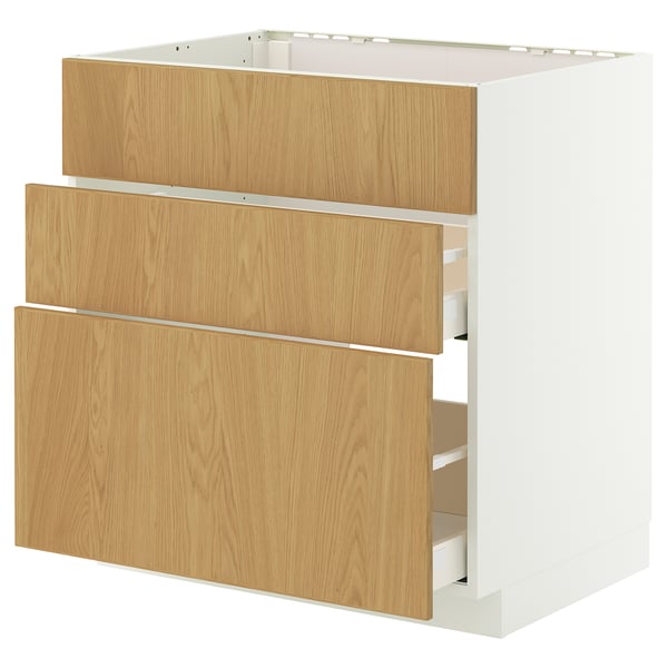 METOD / MAXIMERA base cab f hob/int extractor w drw, white/Sinarp oak veneer, 80x60 cm