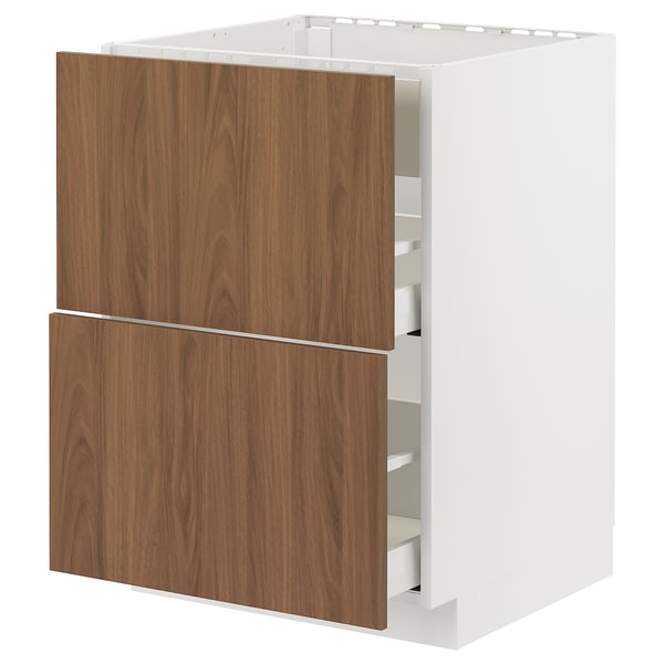 METOD / MAXIMERA base cab f hob/int extractor w drw, white/Tistorp brown walnut effect, 60x60 cm