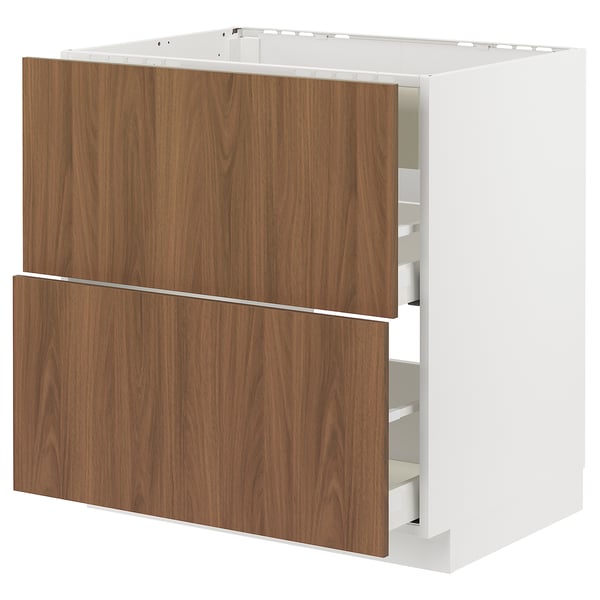 METOD / MAXIMERA base cab f hob/int extractor w drw, white/Tistorp brown walnut effect, 80x60 cm