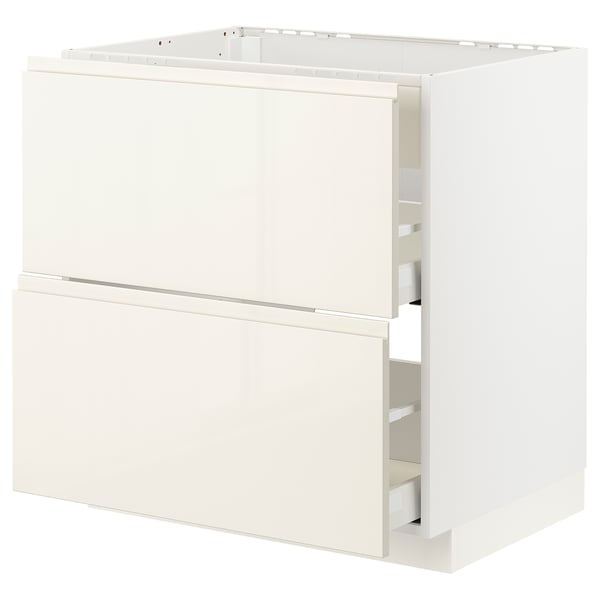 METOD / MAXIMERA base cab f hob/int extractor w drw, white/Voxtorp high-gloss light beige