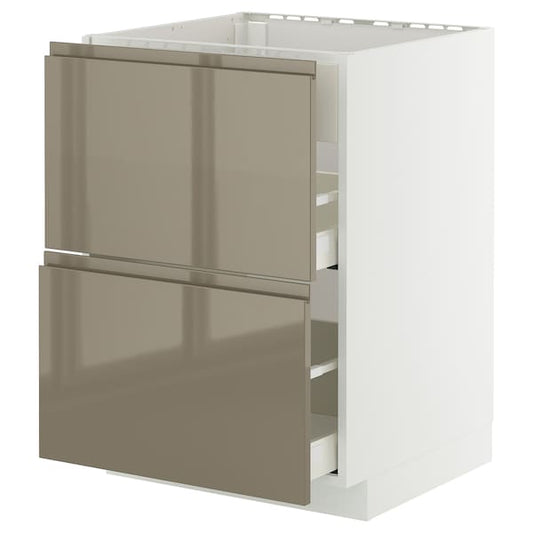 METOD / MAXIMERA - Base cab f hob/int extractor w drw, white/Voxtorp high-gloss dark grey-brown, 60x60 cm