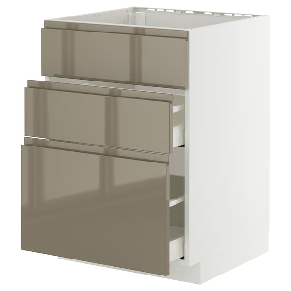 METOD / MAXIMERA - Base cab f hob/int extractor w drw, white/Voxtorp high-gloss dark grey-brown, 60x60 cm