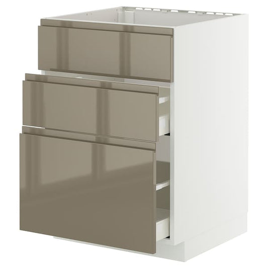 METOD / MAXIMERA - Base cab f hob/int extractor w drw, white/Voxtorp high-gloss dark grey-brown, 60x60 cm