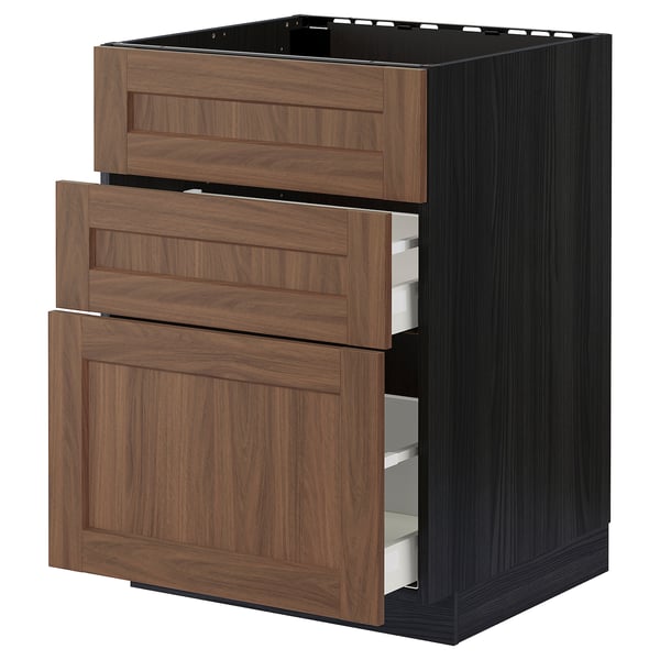 METOD / MAXIMERA base cab f hob/int extractor w drw, black Enköping/brown walnut effect, 60x60 cm