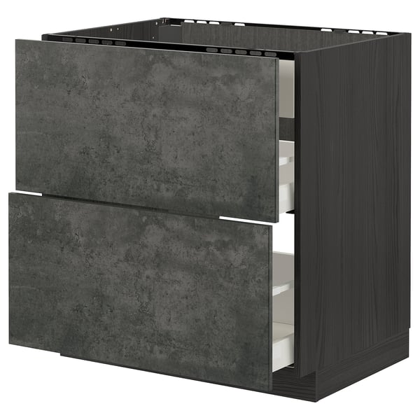 METOD / MAXIMERA base cab f hob/int extractor w drw, black/Kalhyttan dark grey concrete effect, 80x60 cm