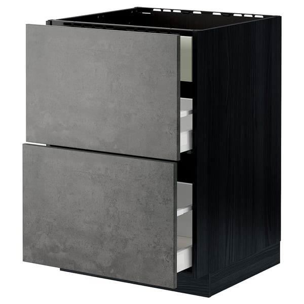 METOD / MAXIMERA base cab f hob/int extractor w drw, black/Kalhyttan dark grey concrete effect, 60x60 cm