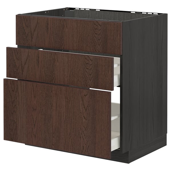 METOD / MAXIMERA base cab f hob/int extractor w drw, black/Sinarp brown, 80x60 cm