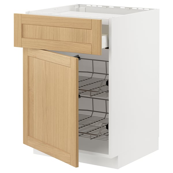 METOD / MAXIMERA base cab f hob/drawer/2 wire bskts, white/Forsbacka oak, 60x60 cm