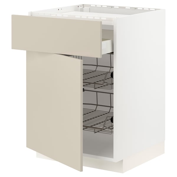 METOD / MAXIMERA base cab f hob/drawer/2 wire bskts, white/Havstorp beige, 60x60 cm