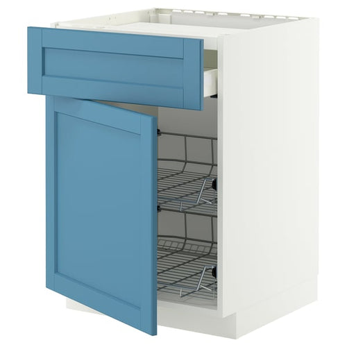 METOD / MAXIMERA base cab f hob/drawer/2 wire bskts, white/Lerhyttan blue, 60x60 cm