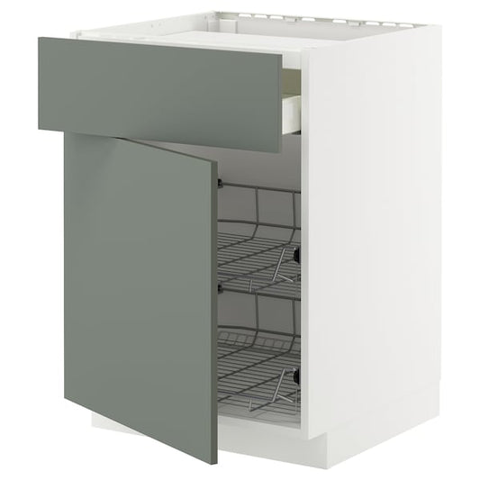 Ikea METOD / MAXIMERA - Base cab f hob/drawer/2 wire bskts, white/Nickebo matt grey-green, 60x60 cm