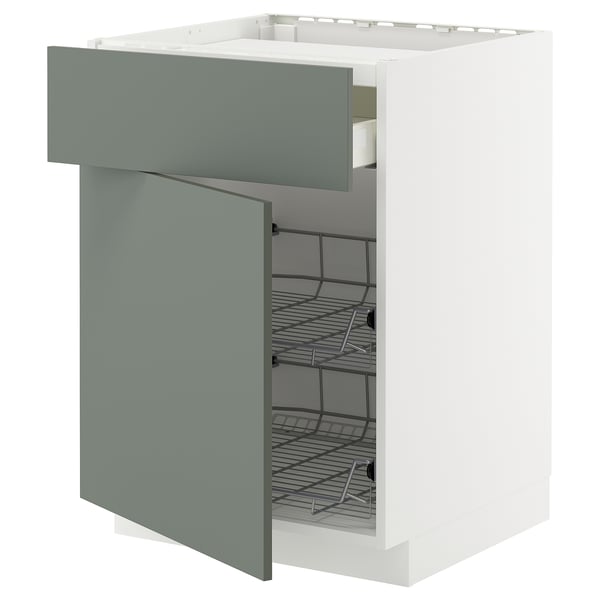 METOD / MAXIMERA base cab f hob/drawer/2 wire bskts, white/Nickebo matt grey-green, 60x60 cm