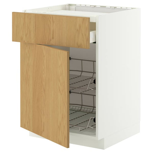 METOD / MAXIMERA base cab f hob/drawer/2 wire bskts, white/Sinarp oak veneer, 60x60 cm