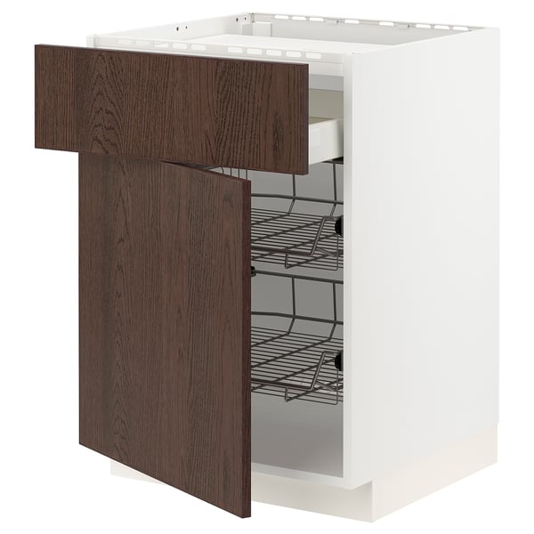 METOD / MAXIMERA - Base cab f hob/drawer/2 wire bskts, white/Sinarp brown , 60x60 cm