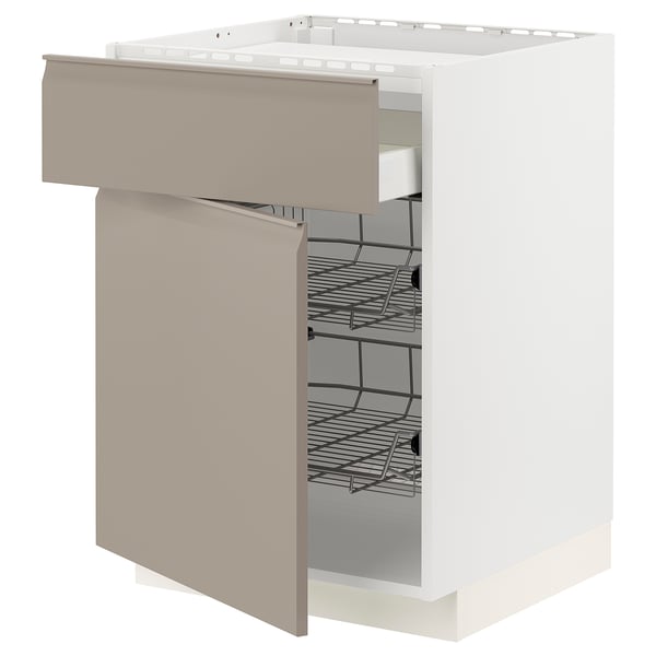 METOD / MAXIMERA - Base cab f hob/drawer/2 wire bskts, white/Upplöv matt dark beige ,