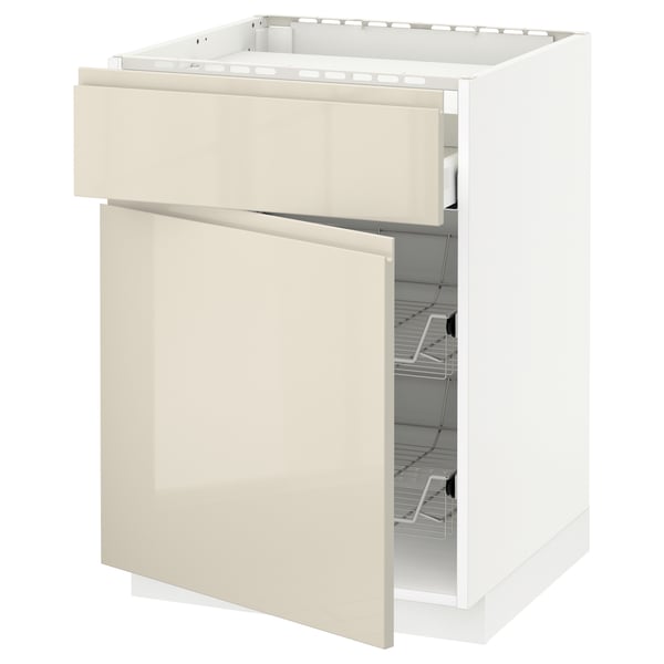 METOD / MAXIMERA - Base cab f hob/drawer/2 wire bskts, white/Voxtorp high-gloss light beige, 60x60 cm