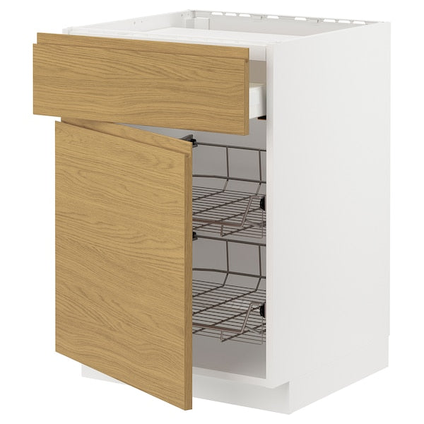 METOD / MAXIMERA - Base cab f hob/drawer/2 wire bskts, white/Voxtorp oak effect, 60x60 cm