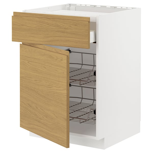 METOD / MAXIMERA base cab f hob/drawer/2 wire bskts, white/Voxtorp oak effect, 60x60 cm