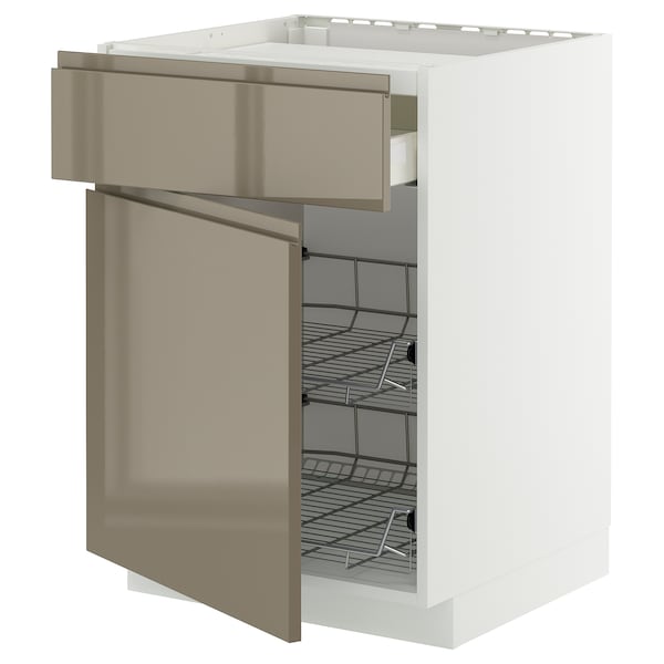 METOD / MAXIMERA - Base cab f hob/drawer/2 wire bskts, white/Voxtorp high-gloss dark grey-brown, 60x60 cm