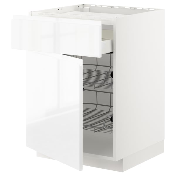 METOD / MAXIMERA base cab f hob/drawer/2 wire bskts, white/Voxtorp high-gloss/white, 60x60 cm