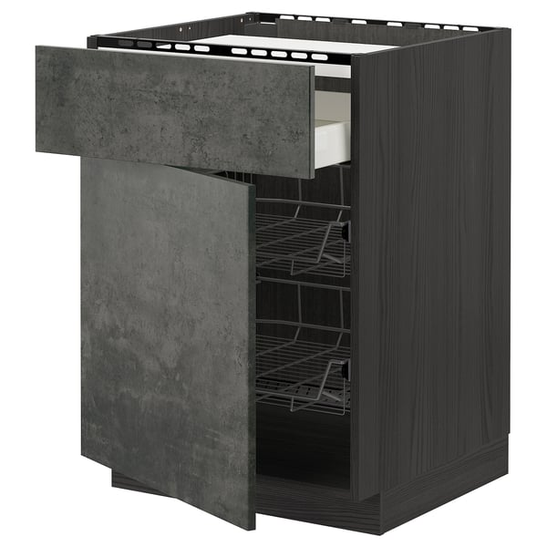 METOD / MAXIMERA base cab f hob/drawer/2 wire bskts, black/Kalhyttan dark grey concrete effect, 60x60 cm