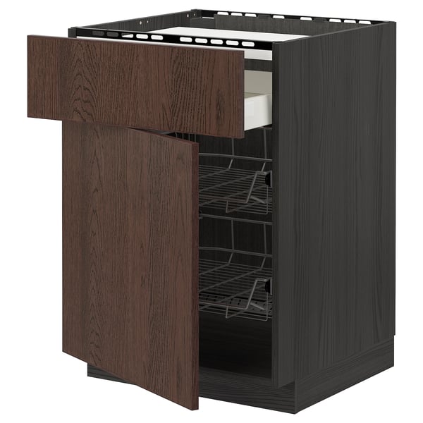 METOD / MAXIMERA - Base cab f hob/drawer/2 wire bskts, black/Sinarp brown , 60x60 cm