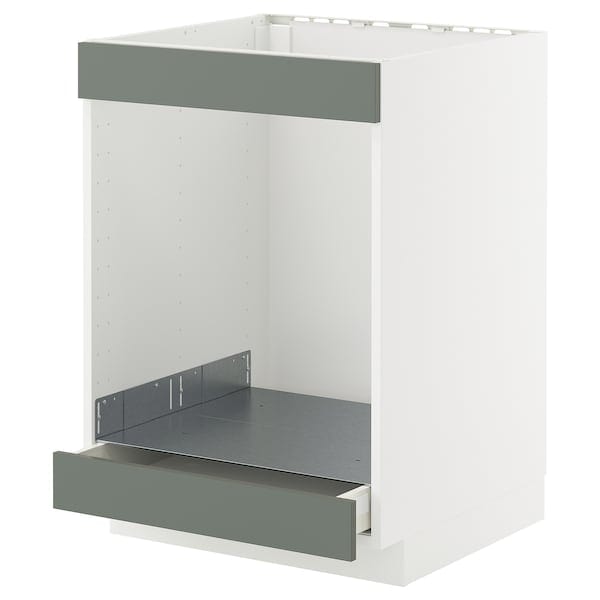 METOD / MAXIMERA - Base cab for hob+oven w drawer, white/Nickebo matt grey-green, 60x60 cm