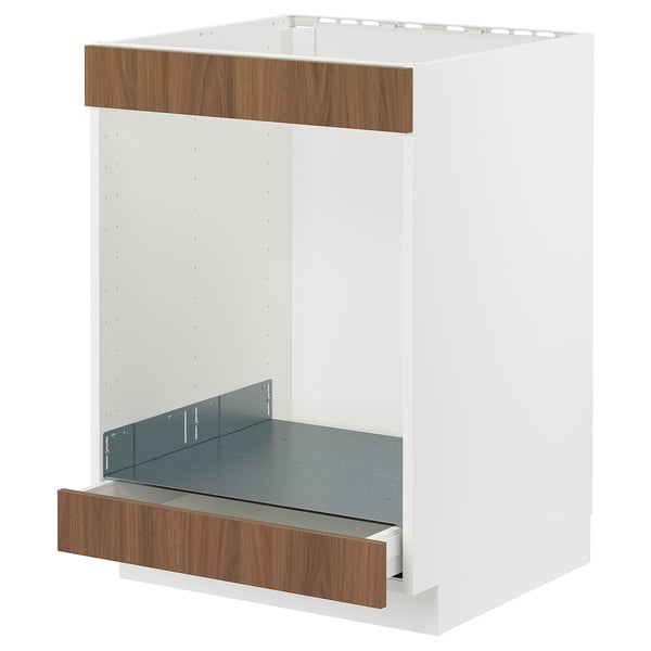 METOD / MAXIMERA - METOD / MAXIMERA Base cab for hob+oven w drawer, white/Tistorp brown walnut effect, 60x60 cm