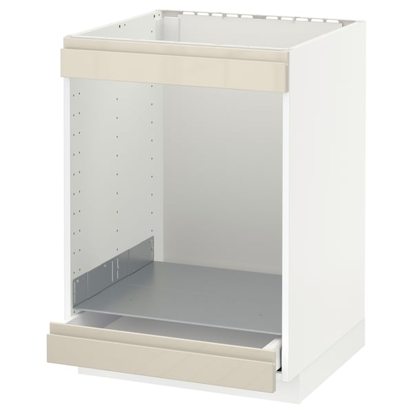 METOD / MAXIMERA - Base cab for hob+oven w drawer, white/Voxtorp high-gloss light beige, 60x60 cm