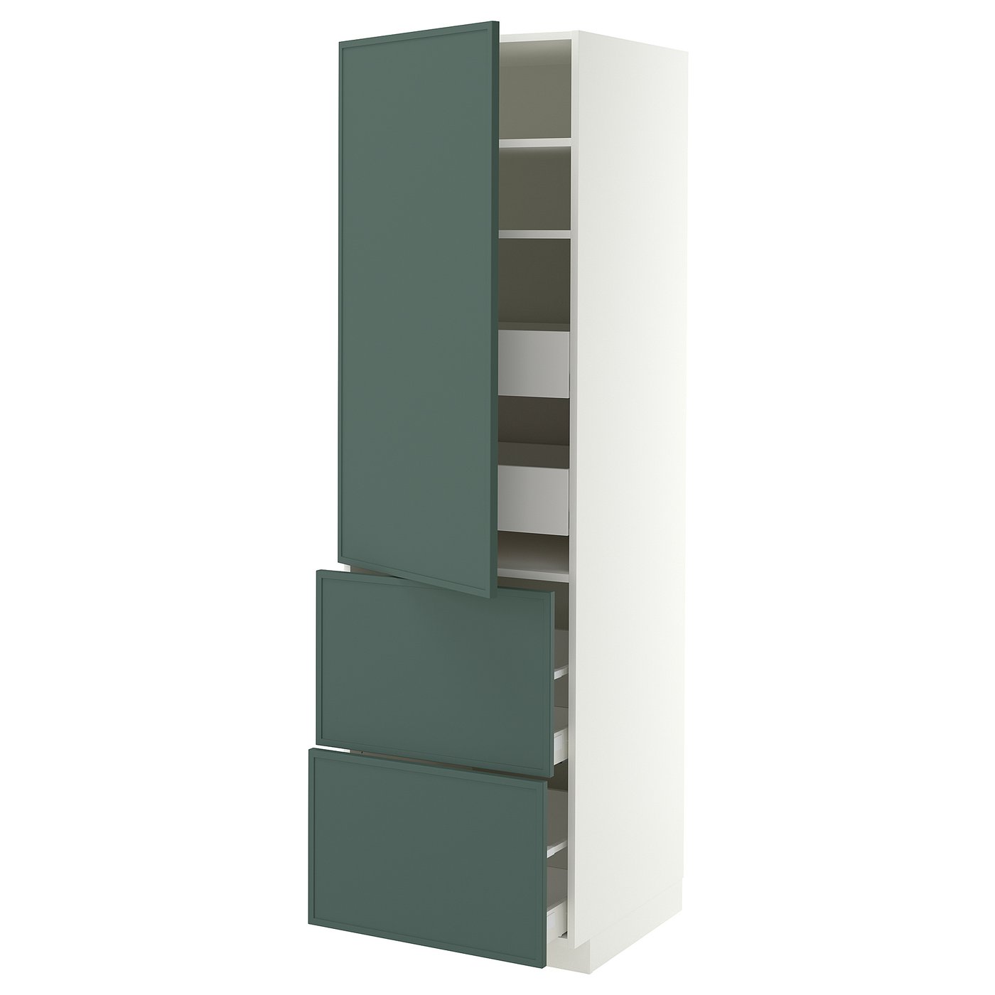 METOD / MAXIMERA hi cab w shlvs/4 drawers/dr/2 frnts, white/Aspudden dark grey-green, 60x60x200 cm