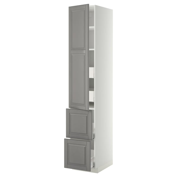 METOD / MAXIMERA hi cab w shlvs/4 drawers/dr/2 frnts, white/Bodbyn grey, 40x60x220 cm