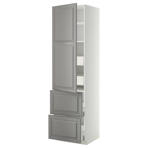 METOD / MAXIMERA hi cab w shlvs/4 drawers/dr/2 frnts, white/Bodbyn grey, 60x60x220 cm