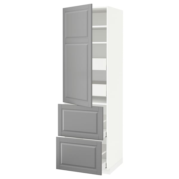 METOD / MAXIMERA hi cab w shlvs/4 drawers/dr/2 frnts, white/Bodbyn grey, 60x60x200 cm