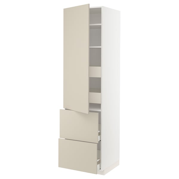 METOD / MAXIMERA hi cab w shlvs/4 drawers/dr/2 frnts, white/Havstorp beige, 60x60x220 cm