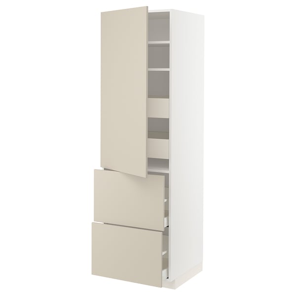 METOD / MAXIMERA hi cab w shlvs/4 drawers/dr/2 frnts, white/Havstorp beige, 60x60x200 cm